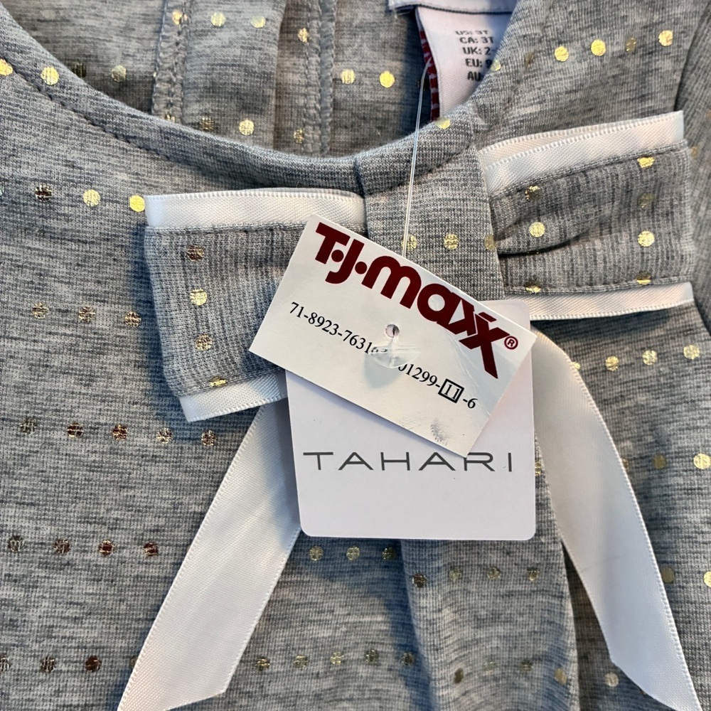 Tahari Girls Dress With Bow & Gold Metallic Dots Gray Size 3T New With Tags - Picture 2 of 8